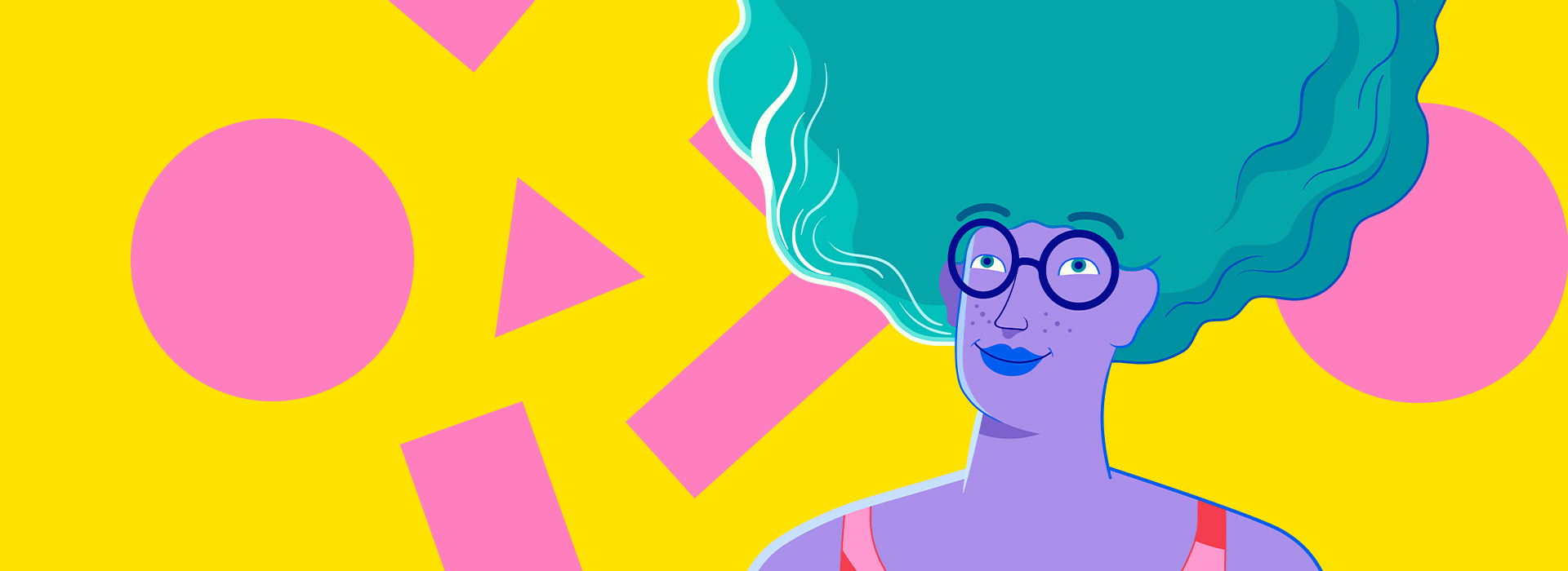 Ilustração de mulher com cabelos verdes, usando óculos. Ao fundo amarelo, formas geométricas em rosa