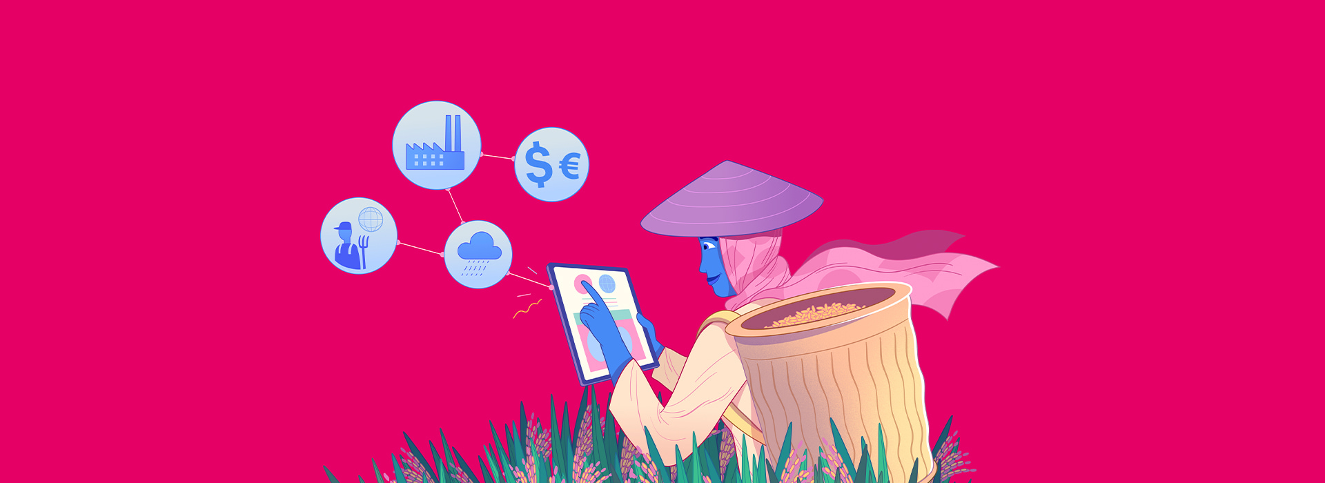 Ilustração de camponesa segurando um tablet, está com uma cesta de grãos nas costas e usa um chapéu