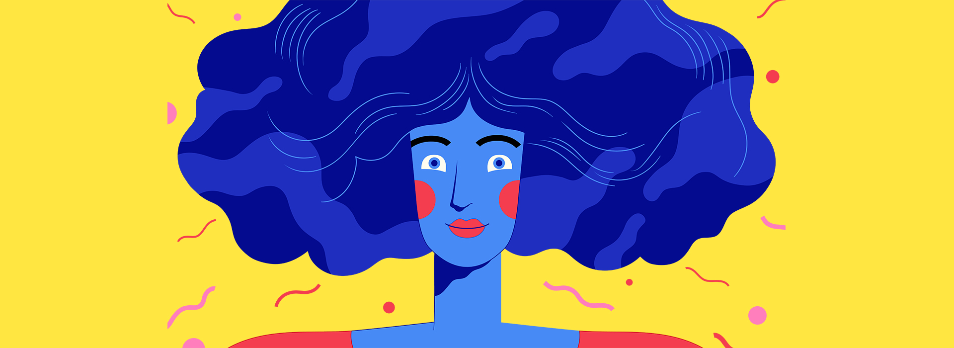 Ilustração de mulher de pele e cabelos grandes em tons de azul. Ela tem lábios e bochechas vermelhos