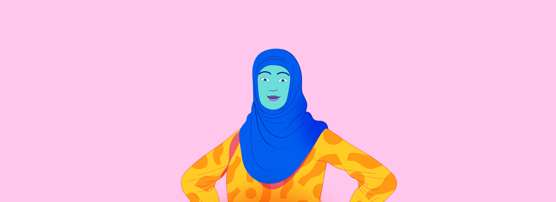 Ilustração de mulher com as mãos na cintura, ela usa um hijab.