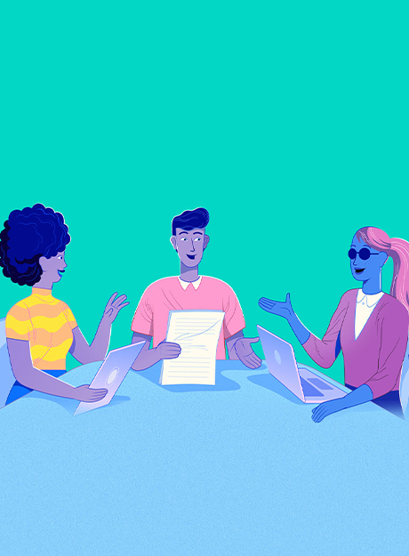 Ilustração de três pessoas conversando em uma mesa, uma segura um papel e outra está com um notebook