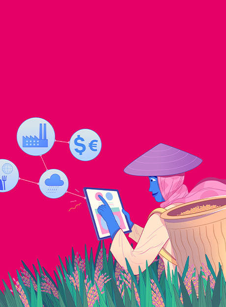 Ilustração de camponesa segurando um tablet está com uma cesta de grãos nas costas e usa um chapéu