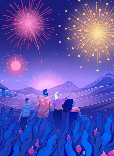 Ilustração de família de quatro pessoas olhando para o céu com fogos de artifício em meio a floresta