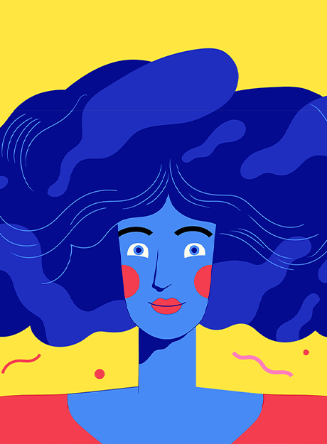 Ilustração de mulher de pele e cabelos grandes em tons de azul. Ela tem lábios e bochechas vermelhos