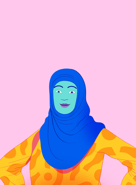 Ilustração de mulher com as mãos na cintura, ela usa um hijab.