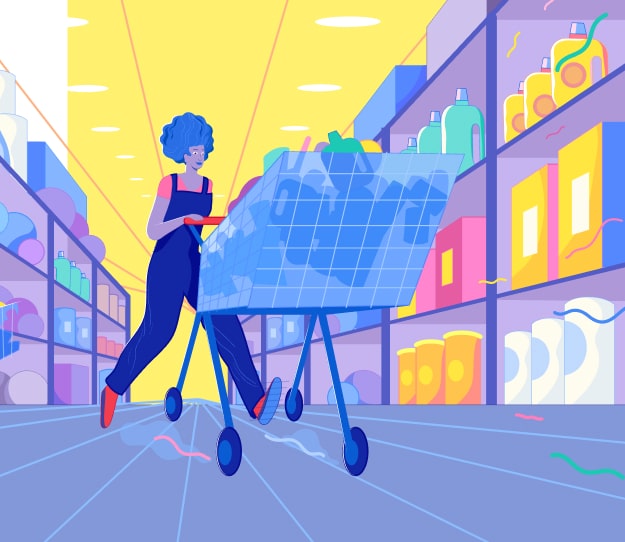 Ilustração de mulher conduzindo um carrinho de compras dentro de um supermercado